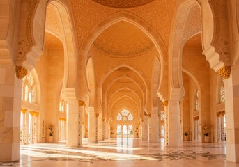 Fototapeta premium A beautifully lit mosque interior showcasing intricate Islamic architecture