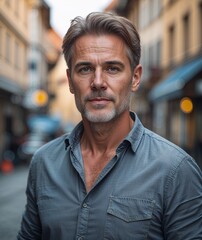 Fototapeta premium Adult man of Austrian nationality in casual shirt and jeans with focused portrait photo urban street background