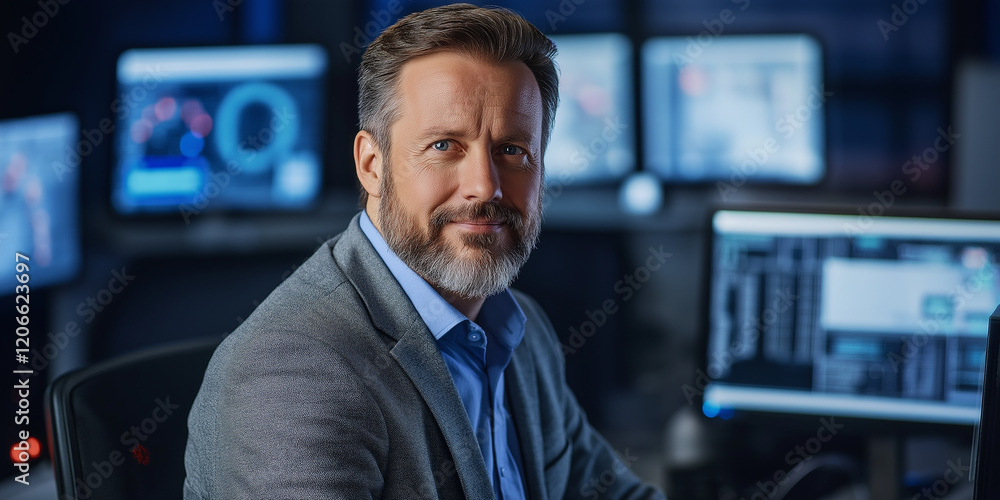 Poster System administrator working in data center, smiling and looking confident