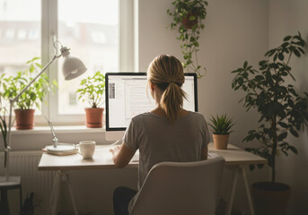 A woman with her back turned, working on a computer in a bright home office