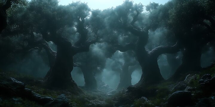 Mysterious foggy forest with ancient trees.