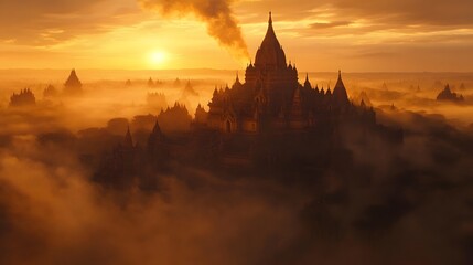 Ancient Temples Silhouette at Sunrise Foggy Landscape