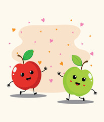 Two adorable apple characters, each with a cheerful expression, are joyfully dancing amidst a flurry of hearts
