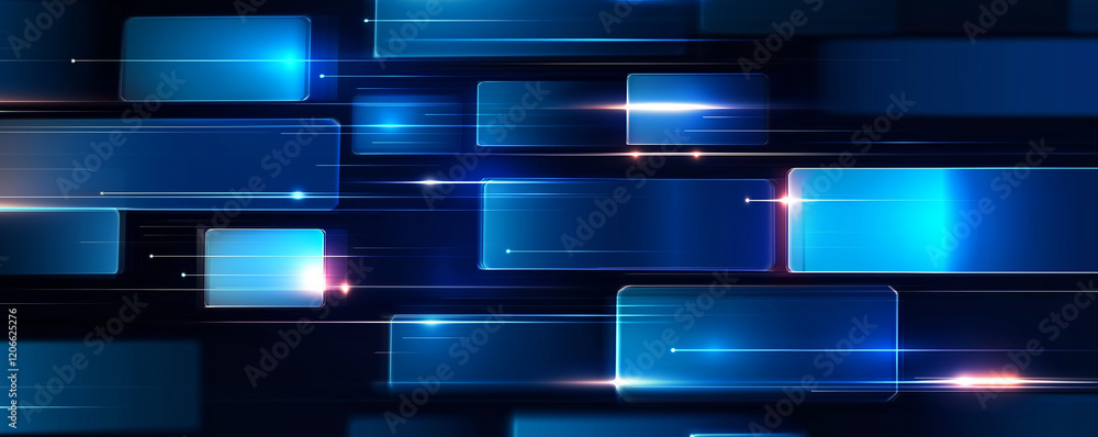 Poster abstract blue panels moving in virtual space with light trails