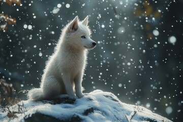 Obraz premium White husky puppy sits in snowfall. Perfect for winter, pet, and nature themes, evokes serenity and peace.