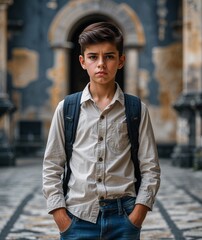Teen boy of Portuguese nationality in casual shirt and jeans with serious expression portrait photo historical site background