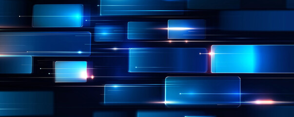 Abstract blue panels moving in virtual space with light trails