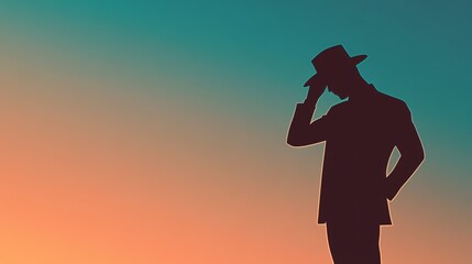 A silhouette of a man in a hat against a gradient sky, evoking a sense of mystery and elegance during twilight.