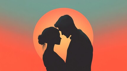 Silhouetted couple embracing under a vibrant sunset, symbolizing love and connection against a colorful backdrop.