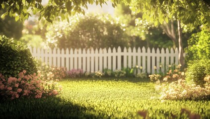 Fototapeta premium Sunlit garden with white picket fence, lush greenery, and blooming flowers.