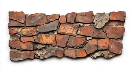 Obraz premium Rustic red brick wall fragment, irregular shapes, grunge texture, isolated on white.