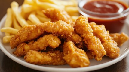 A plate of nugget stick with fries and sauce