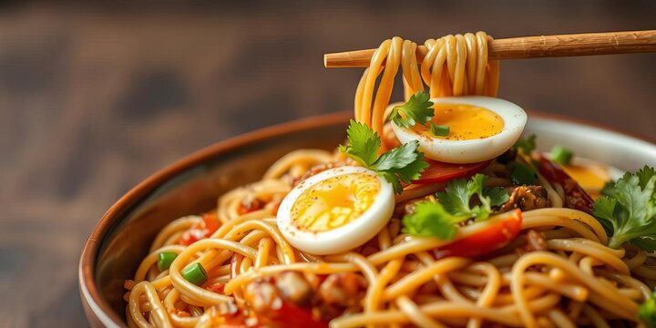 Close-up of a delicious bowl of egg schezwan hakka noodles, a popular Indochinese dish, served with chopsticks, stir-fried, dinner, hakka noodles