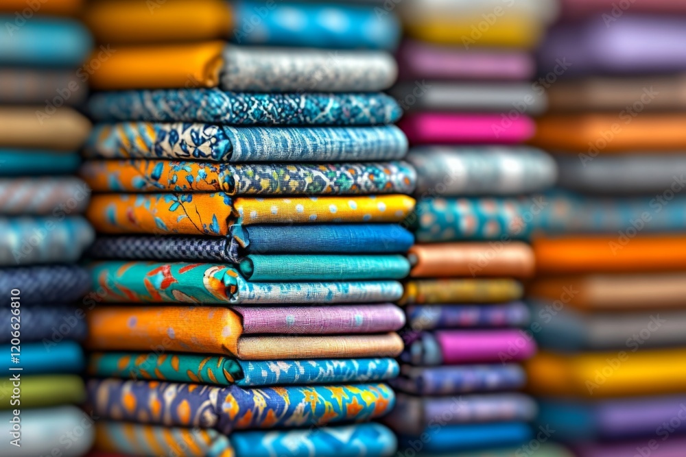 Poster colorful fabric rolls stacked neatly in a textile shop highlighting various patterns and textures