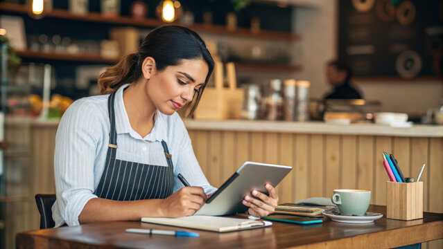woman in apron writing on tablet in cozy cafe setting, focused and engaged