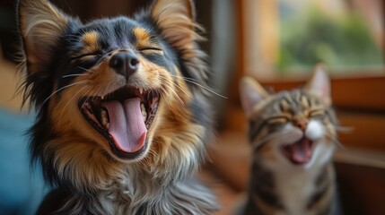 Naklejka premium Playful dogs and cats yawning together in a cozy indoor setting with soft natural light