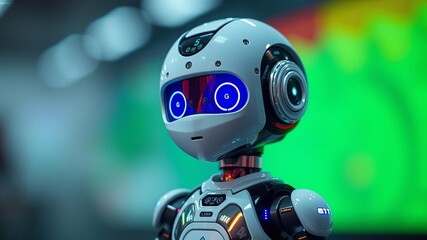 Cute young child beside friendly robot in futuristic AI concept setting, selective focus close-up, close up, future technology, next