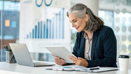 professional woman using tablet in modern office environment, analyzing data