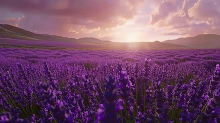 Obraz premium Expansive Lavender Field Under Sunlit Sky with Colorful Clouds at Dusk Surrounded by Lush Green Mountains in the Distance