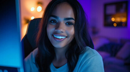 Obraz premium Happy gamer girl streaming and playing on computer at home