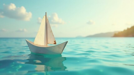Fototapeta premium A tiny sailboat floats serenely on calm turquoise water, a miniature vessel navigating a tranquil ocean scene under a bright, cloud-dappled sky.