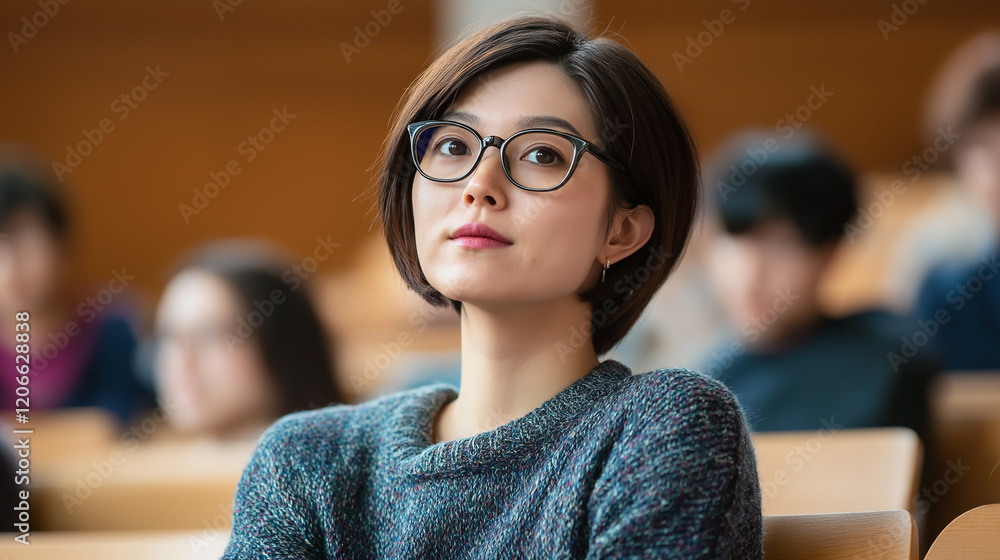 Poster University student listening attentively during lecture in classroom
