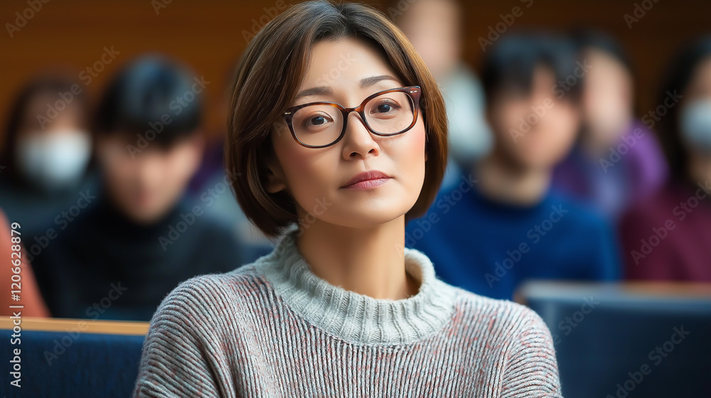 Poster University professor listening to students questions in lecture hall