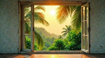Tranquil Sunrise View Through an Open Window Revealing Lush Tropical Foliage and a Serene Misty Mountain Landscape