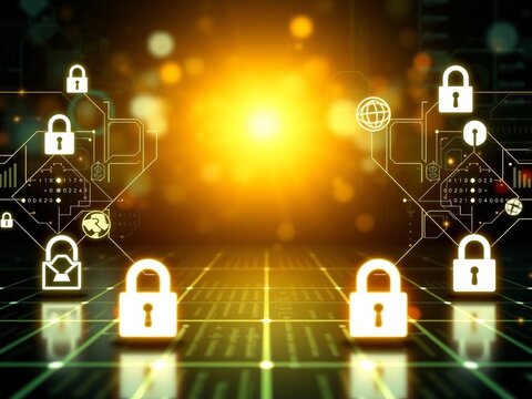Futuristic digital lock made up of quantum encryption symbols and algorithms on a abstract background, abstract, futuristic, concept