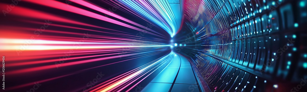 Poster Light trails illuminating server racks in data center tunnel