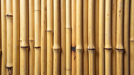 Naklejka premium A close-up view of a textured, vertical arrangement of pale yellow bamboo poles forming a natural, rustic background