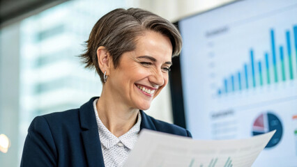 Businesswoman smiling while reviewing financial reports in office