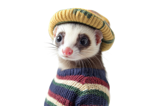 Ferret wearing a beret and striped sweater isolated on white or transparent PNG