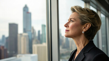 Fototapeta premium Businesswoman looking out city skyline, reflecting on future goals