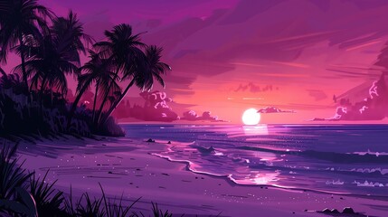 beautiful landscape wallpaper Tropical beach at dawn, with soft waves lapping the white sand and palm trees silhouetted against a pink and purple sky.