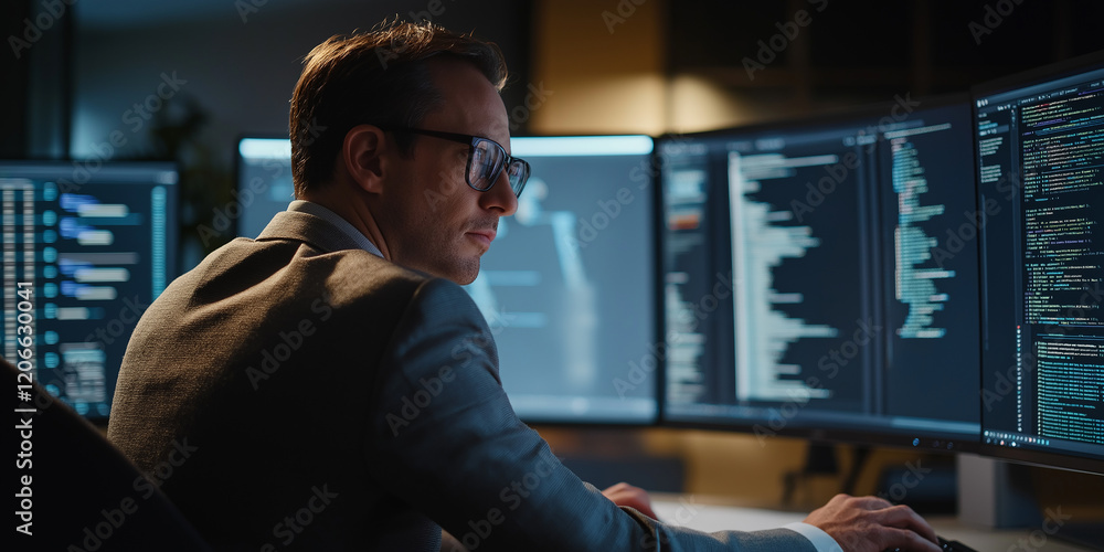 Aufkleber Focused software engineer working on computer in office at night, coding and developing new project