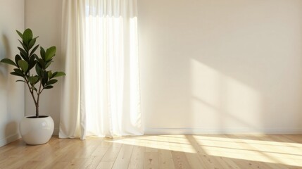 Serene Minimalist Room Interior Design with Sunlight Streaming Through Sheer Curtains and a Potted Plant
