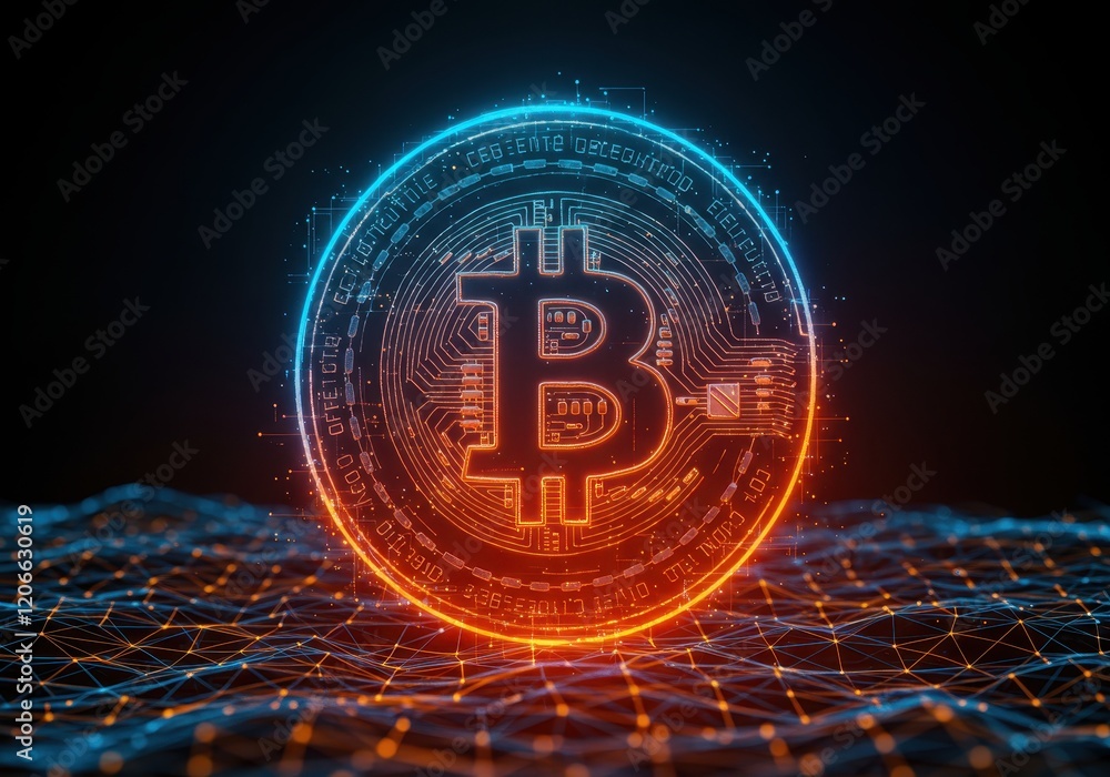 Poster a glowing digital bitcoin symbol surrounded by a network of intricate neon blue and orange lines, re