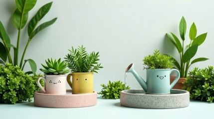 Fototapeta premium Smiling potted plants being watered from a cheerful watering can in a tranquil home setting