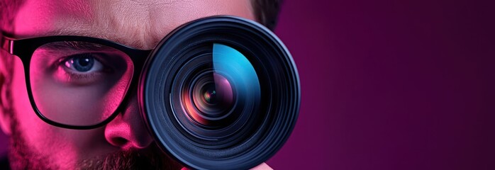 A focused photographer peers through a camera lens, illuminated by vibrant pink and purple lighting, capturing creativity and passion in photography.