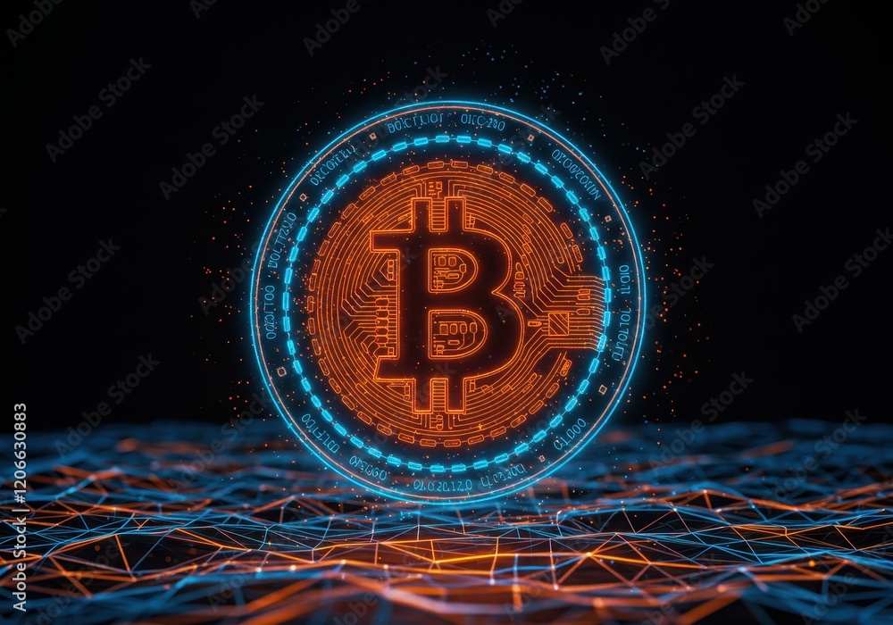 Poster a glowing digital bitcoin symbol surrounded by a network of intricate neon blue and orange lines, re