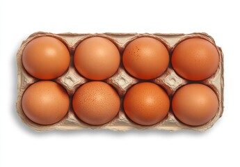 Eight brown eggs in a cardboard carton, top view, isolated on white.