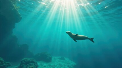 Fototapeta premium Serene underwater scene featuring a graceful sea lion swimming through sunlit ocean depths