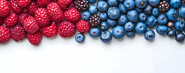 Raspberries, blueberries, background white