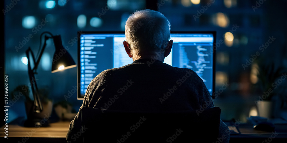 Poster Senior software developer working late at night on computer code