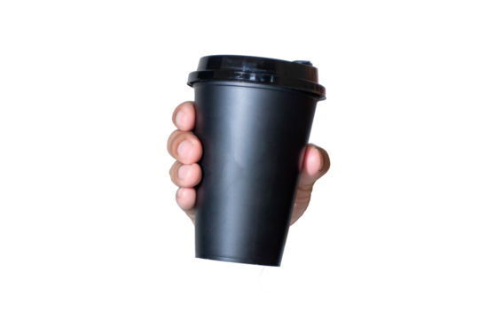 Hand holding black paper cup over white background. Reusable plastic cup for drink. Drink cup mockup