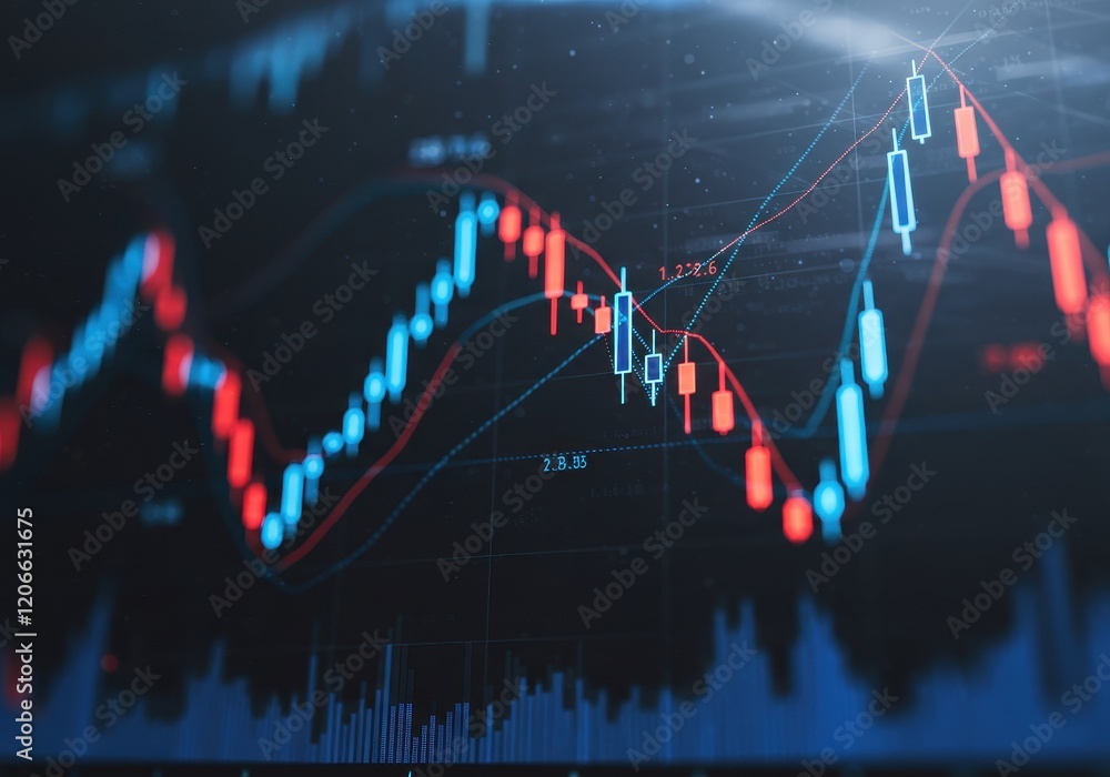 Aufkleber a dynamic and vibrant financial data visualization featuring glowing blue and red candlestick charts