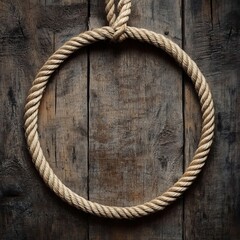 Rope circle frame on rustic wood background.