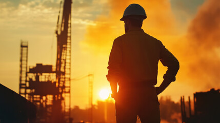 construction worker stands silhouetted against vibrant sunset, observing industrial site with cranes and machinery in background, evoking sense of determination and hard work