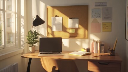Sunlit Study Space: Cozy Home Office with Laptop, Books, and Plants